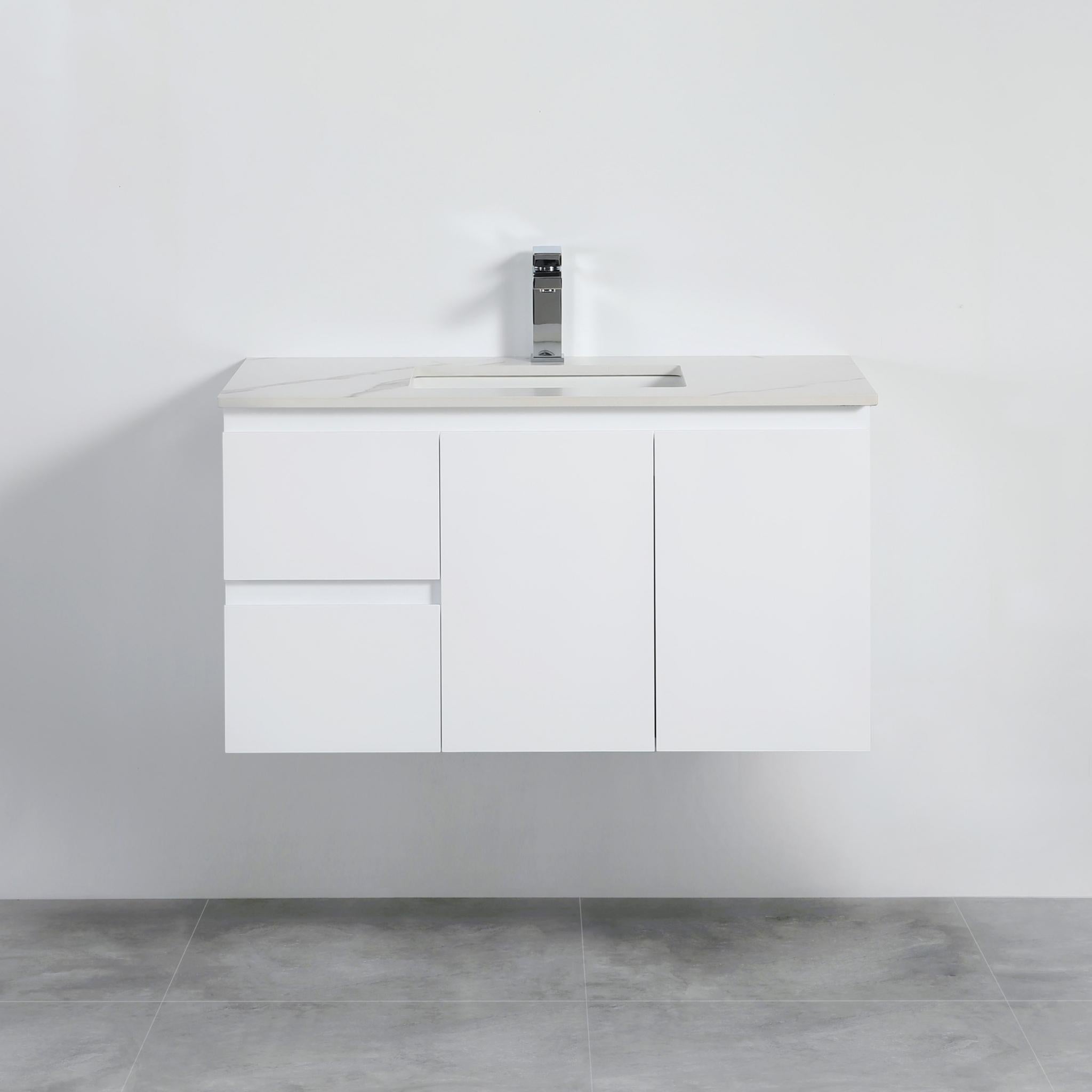 LUKKA ALPHA ENSUITE GLOSS WHITE 900MM SPACE SAVING WALL HUNG VANITY (AVAILABLE IN LEFT AND RIGHT HAND DRAWER)
