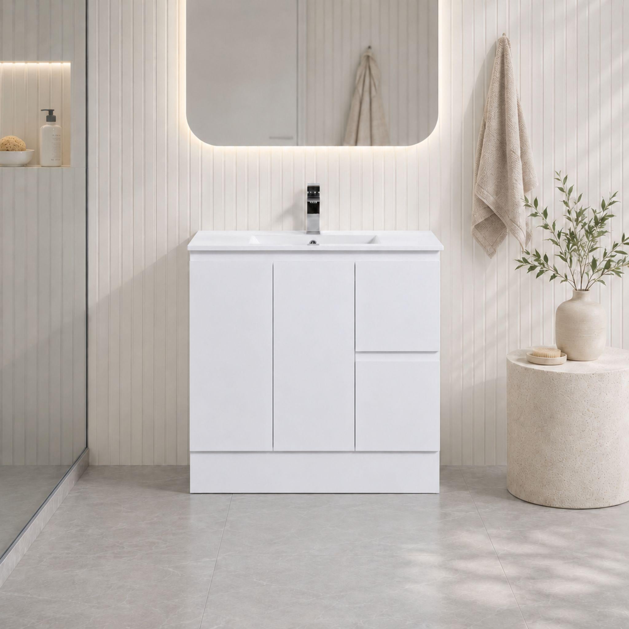 LUKKA ALPHA GLOSS WHITE 900MM SINGLE BOWL FLOOR STANDING VANITY WITH KICKBOARD (AVAILABLE IN LEFT AND RIGHT HAND DRAWER)