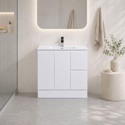 LUKKA ALPHA GLOSS WHITE 900MM SINGLE BOWL FLOOR STANDING VANITY WITH KICKBOARD (AVAILABLE IN LEFT AND RIGHT HAND DRAWER)