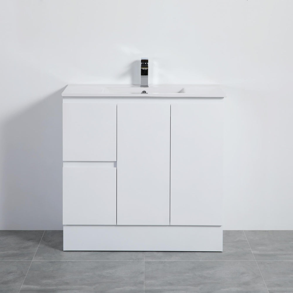 LUKKA ALPHA GLOSS WHITE 900MM SINGLE BOWL FLOOR STANDING VANITY WITH KICKBOARD (AVAILABLE IN LEFT AND RIGHT HAND DRAWER)