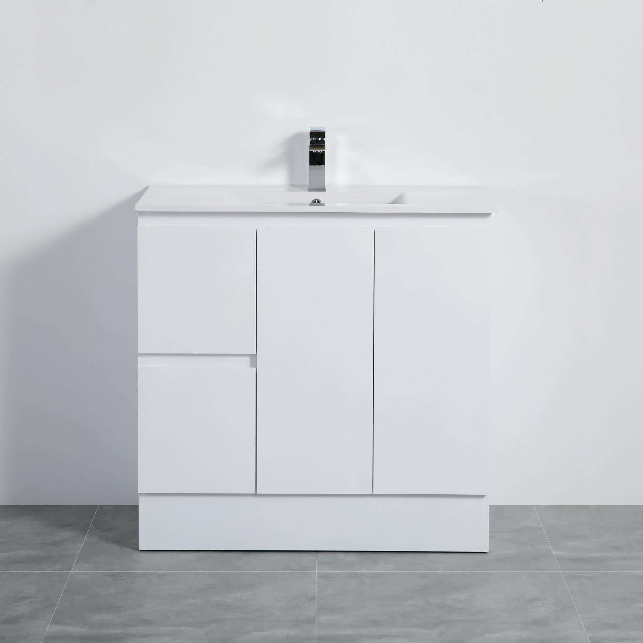 LUKKA ALPHA GLOSS WHITE 900MM SINGLE BOWL FLOOR STANDING VANITY WITH KICKBOARD (AVAILABLE IN LEFT AND RIGHT HAND DRAWER)