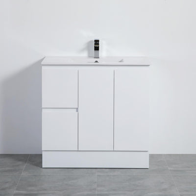 LUKKA ALPHA GLOSS WHITE 900MM SINGLE BOWL FLOOR STANDING VANITY WITH KICKBOARD (AVAILABLE IN LEFT AND RIGHT HAND DRAWER)