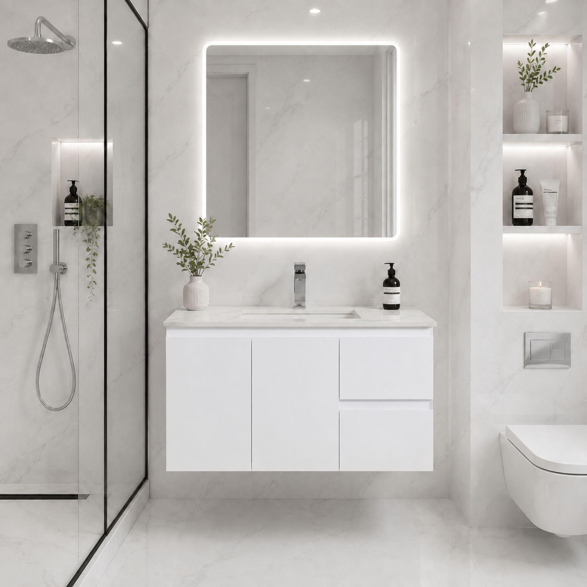 LUKKA ALPHA GLOSS WHITE 900MM SINGLE BOWL WALL HUNG VANITY (AVAILABLE IN LEFT AND RIGHT HAND DRAWER)