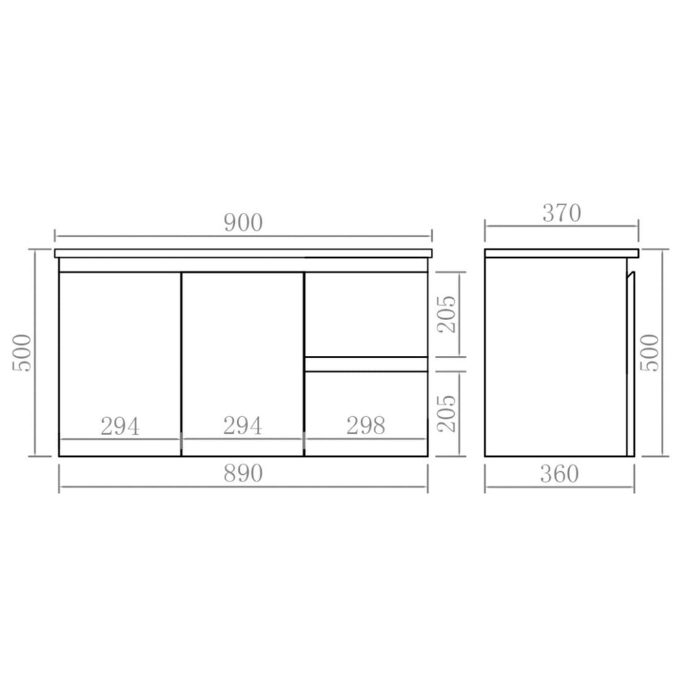 LUKKA ALPHA ENSUITE GLOSS WHITE 900MM SPACE SAVING WALL HUNG VANITY (AVAILABLE IN LEFT AND RIGHT HAND DRAWER)