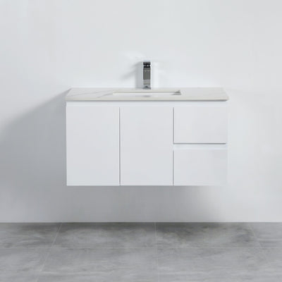 LUKKA ALPHA ENSUITE GLOSS WHITE 900MM SPACE SAVING WALL HUNG VANITY (AVAILABLE IN LEFT AND RIGHT HAND DRAWER)