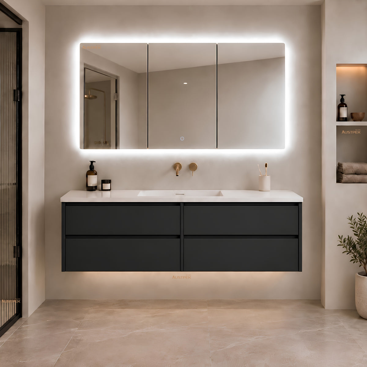 LUKKA AVOLA MATTE BLACK LED MIRROR SHAVING CABINET WITH 3 COLOUR LIGHTS 1200X750MM