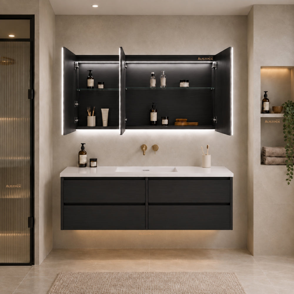LUKKA AVOLA MATTE BLACK LED MIRROR SHAVING CABINET WITH 3 COLOUR LIGHTS 1200X750MM