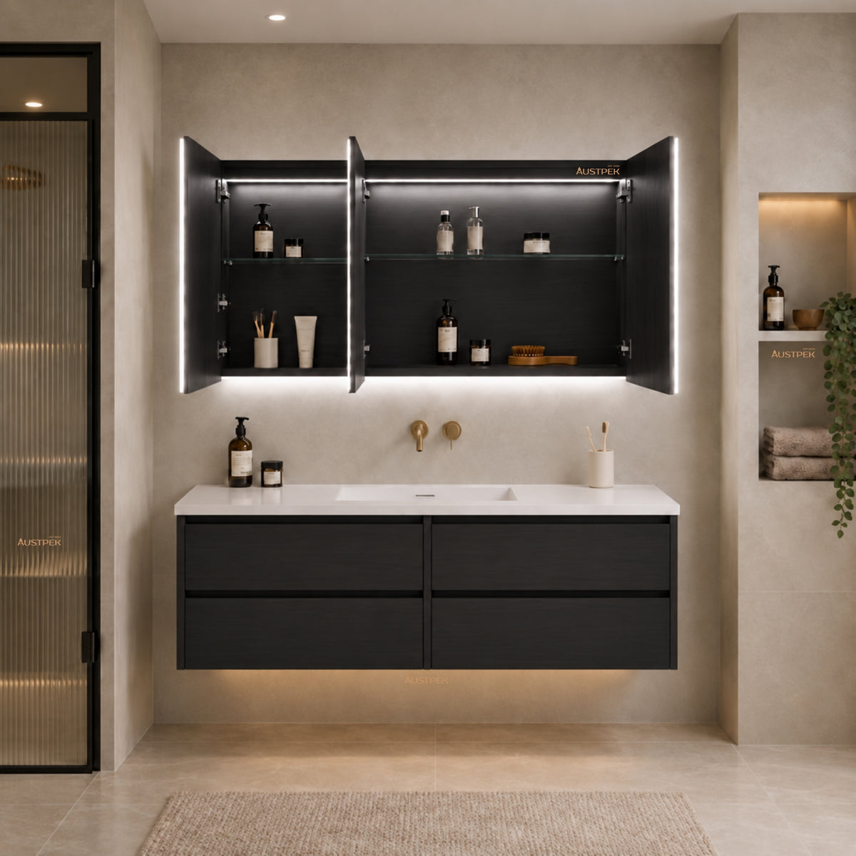 LUKKA AVOLA MATTE BLACK LED MIRROR SHAVING CABINET WITH 3 COLOUR LIGHTS 1200X750MM