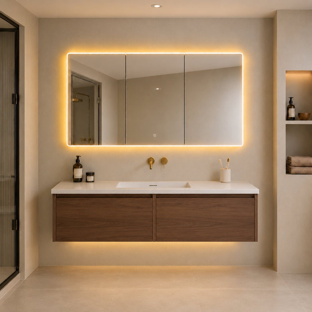 LUKKA AVOLA MOCHA OAK LED MIRROR SHAVING CABINET WITH 3 COLOUR LIGHTS 1200X750MM