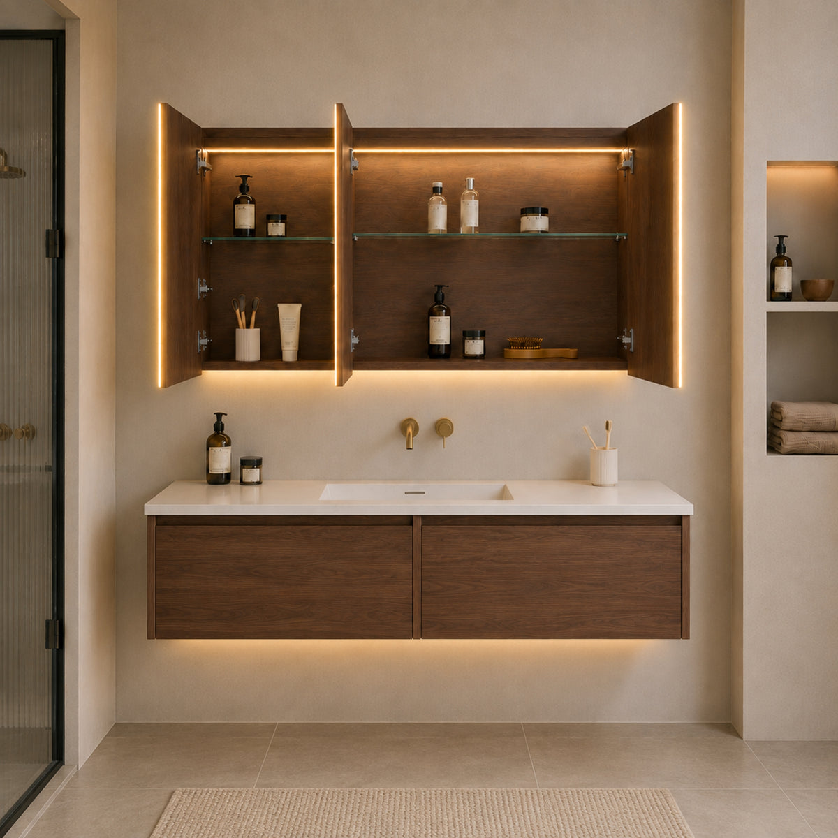 LUKKA AVOLA MOCHA OAK LED MIRROR SHAVING CABINET WITH 3 COLOUR LIGHTS 1200X750MM