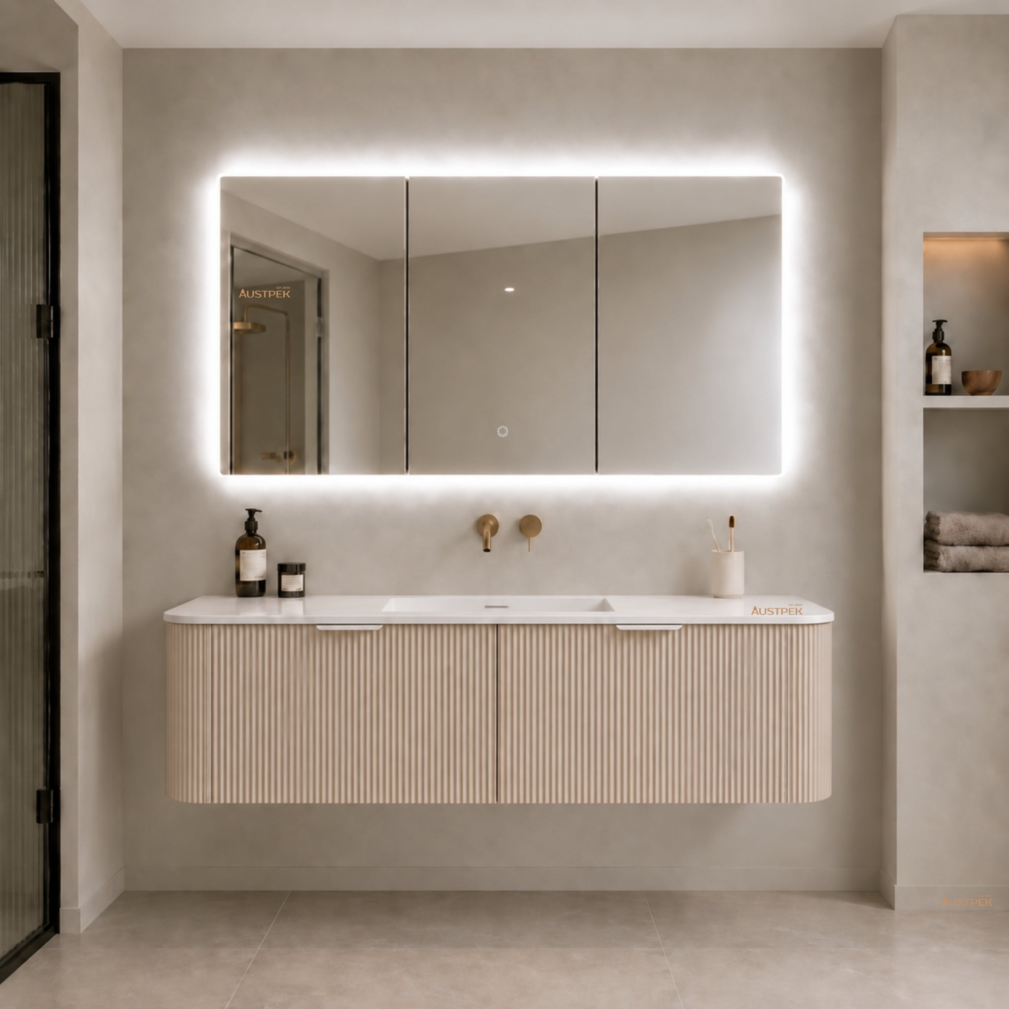 LUKKA AVOLA SANDY OAK LED MIRROR SHAVING CABINET WITH 3 COLOUR LIGHTS 1200X750MM