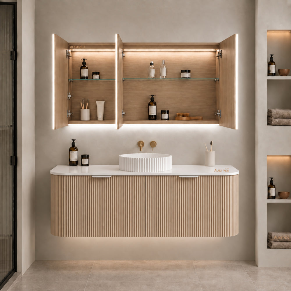 LUKKA AVOLA SANDY OAK LED MIRROR SHAVING CABINET WITH 3 COLOUR LIGHTS 1200X750MM