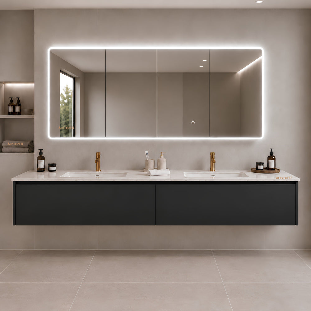 LUKKA AVOLA MATTE BLACK LED MIRROR SHAVING CABINET WITH 3 COLOUR LIGHTS 1500X750MM