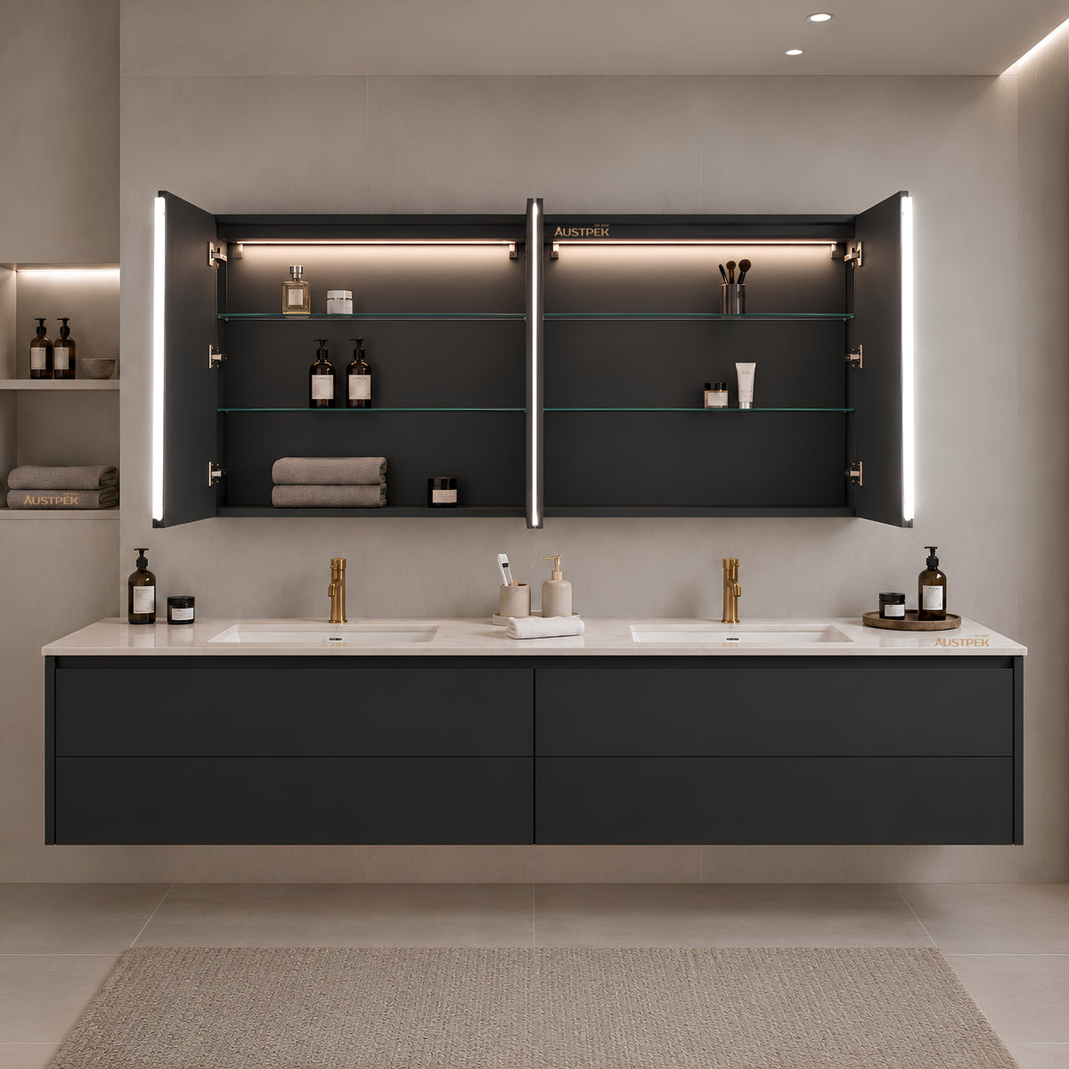 LUKKA AVOLA MATTE BLACK LED MIRROR SHAVING CABINET WITH 3 COLOUR LIGHTS 1500X750MM