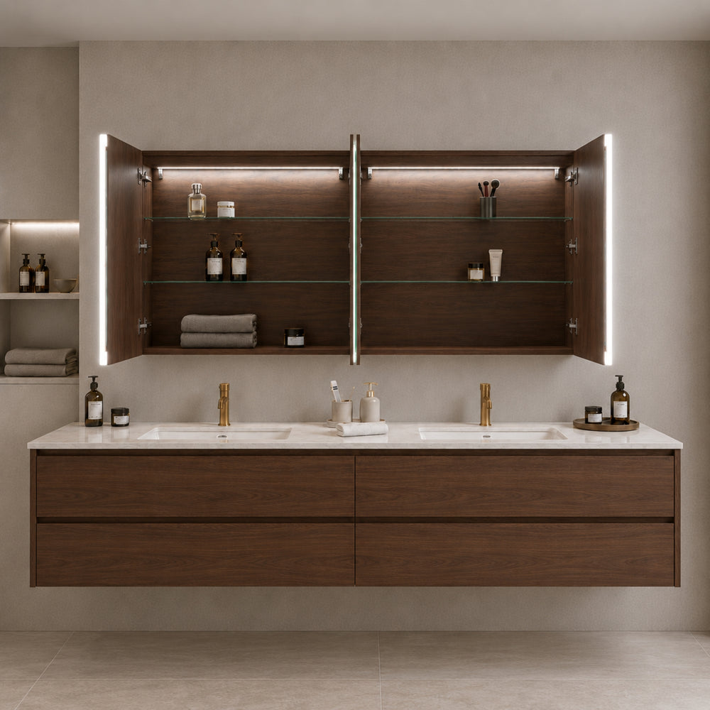 LUKKA AVOLA MOCHA OAK LED MIRROR SHAVING CABINET WITH 3 COLOUR LIGHTS 1500X750MM