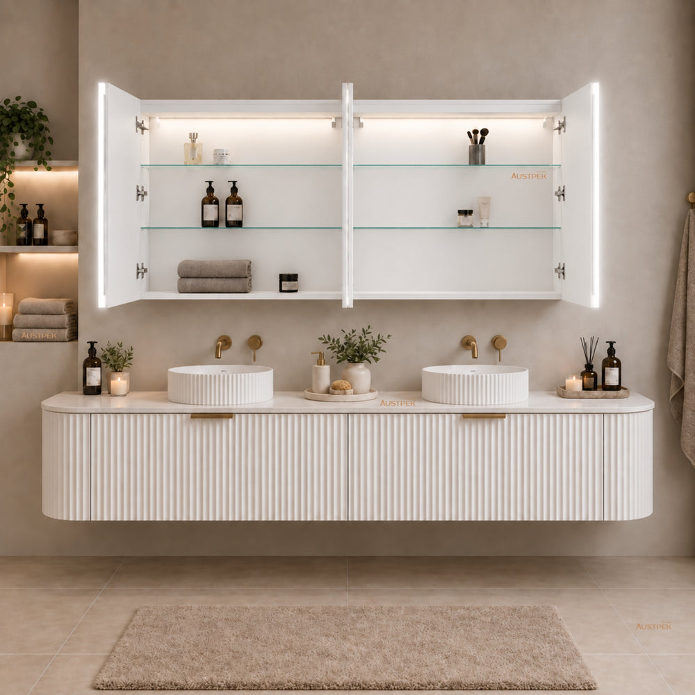 LUKKA AVOLA MATTE WHITE LED MIRROR SHAVING CABINET WITH 3 COLOUR LIGHTS 1500X750MM