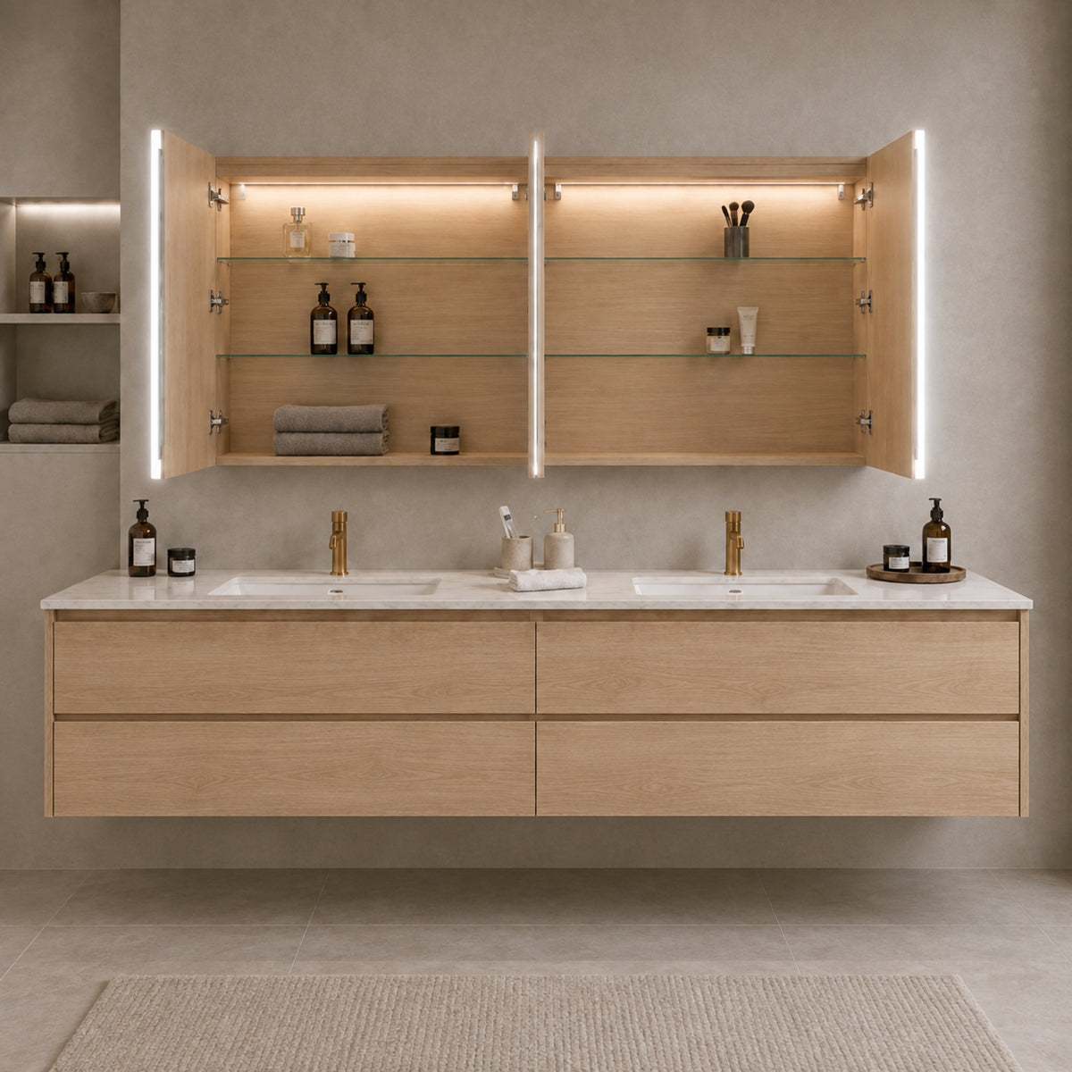LUKKA AVOLA SANDY OAK LED MIRROR SHAVING CABINET WITH 3 COLOUR LIGHTS 1500X750MM