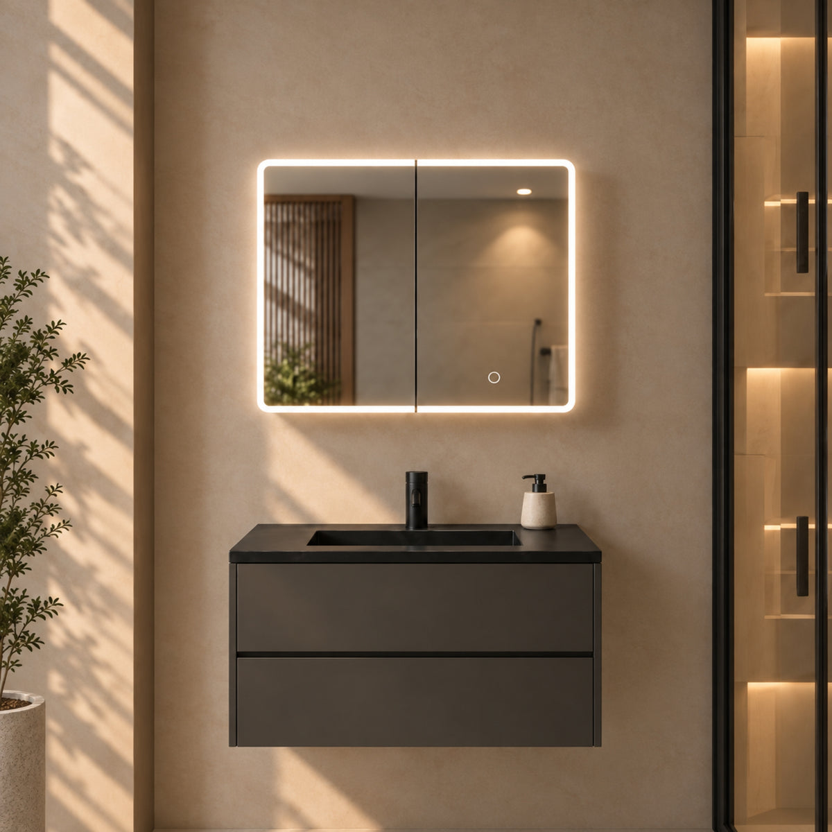 LUKKA AVOLA MATTE BLACK LED MIRROR SHAVING CABINET WITH 3 COLOUR LIGHTS 600X750MM