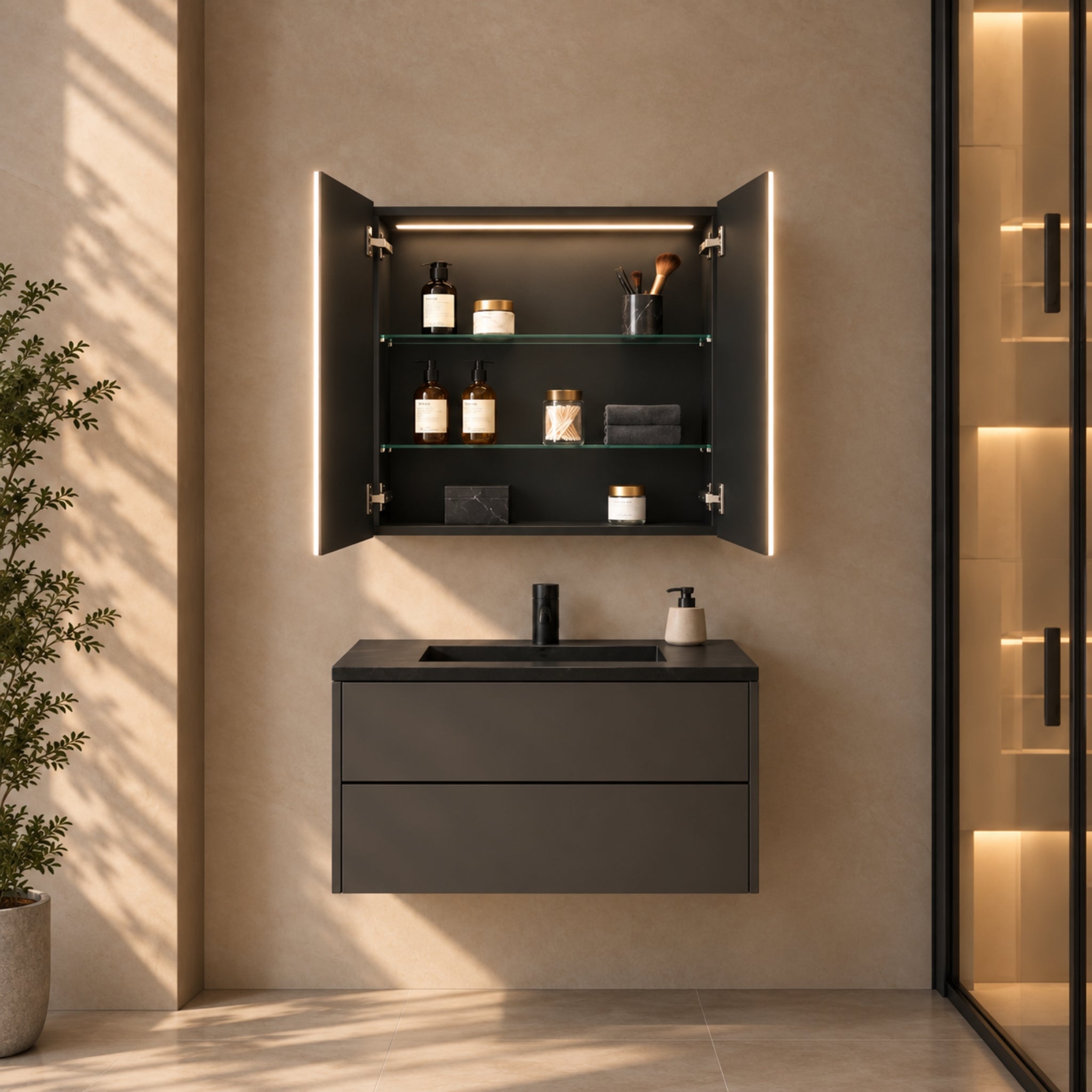 LUKKA AVOLA MATTE BLACK LED MIRROR SHAVING CABINET WITH 3 COLOUR LIGHTS 600X750MM