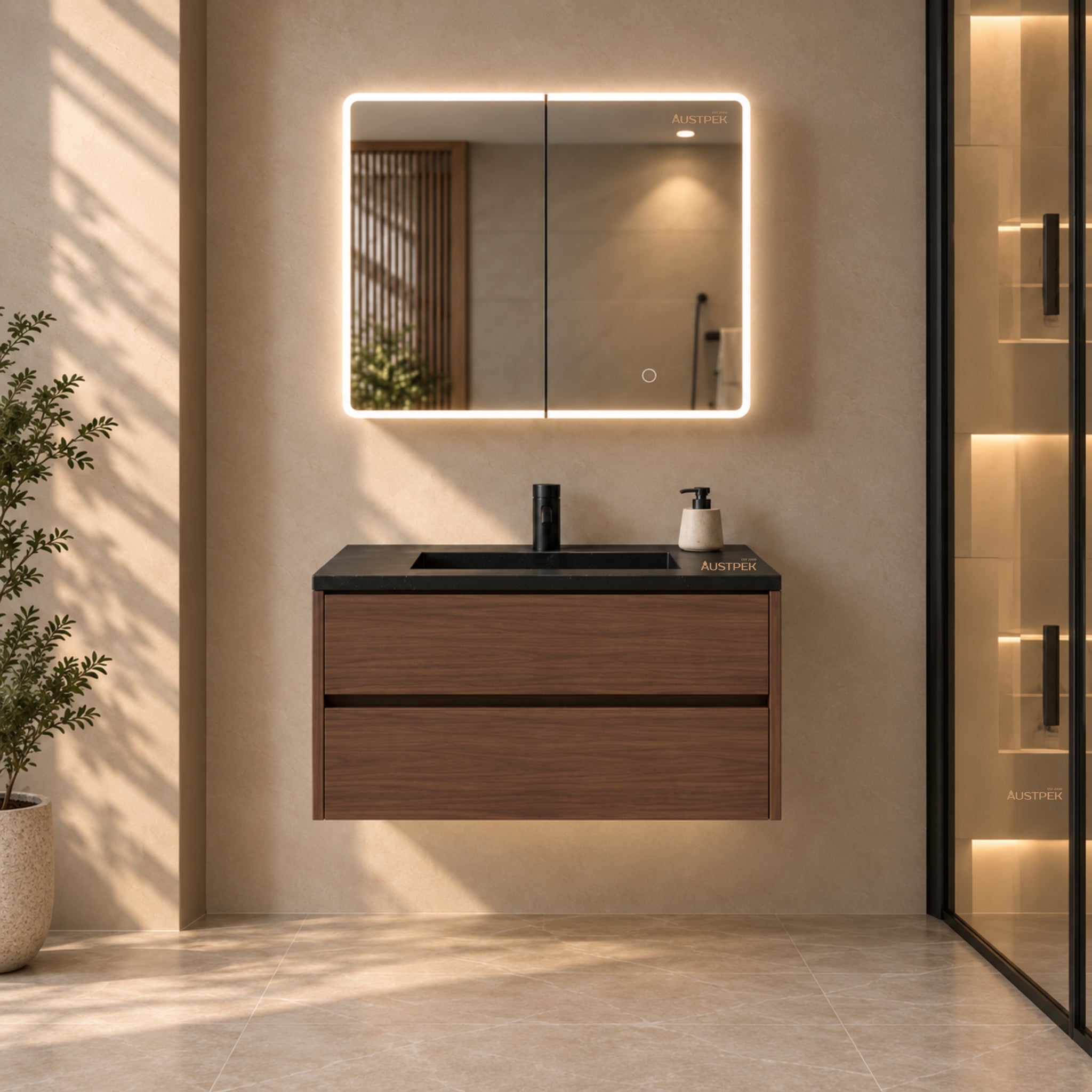 LUKKA AVOLA MOCHA OAK LED MIRROR SHAVING CABINET WITH 3 COLOUR LIGHTS 600X750MM
