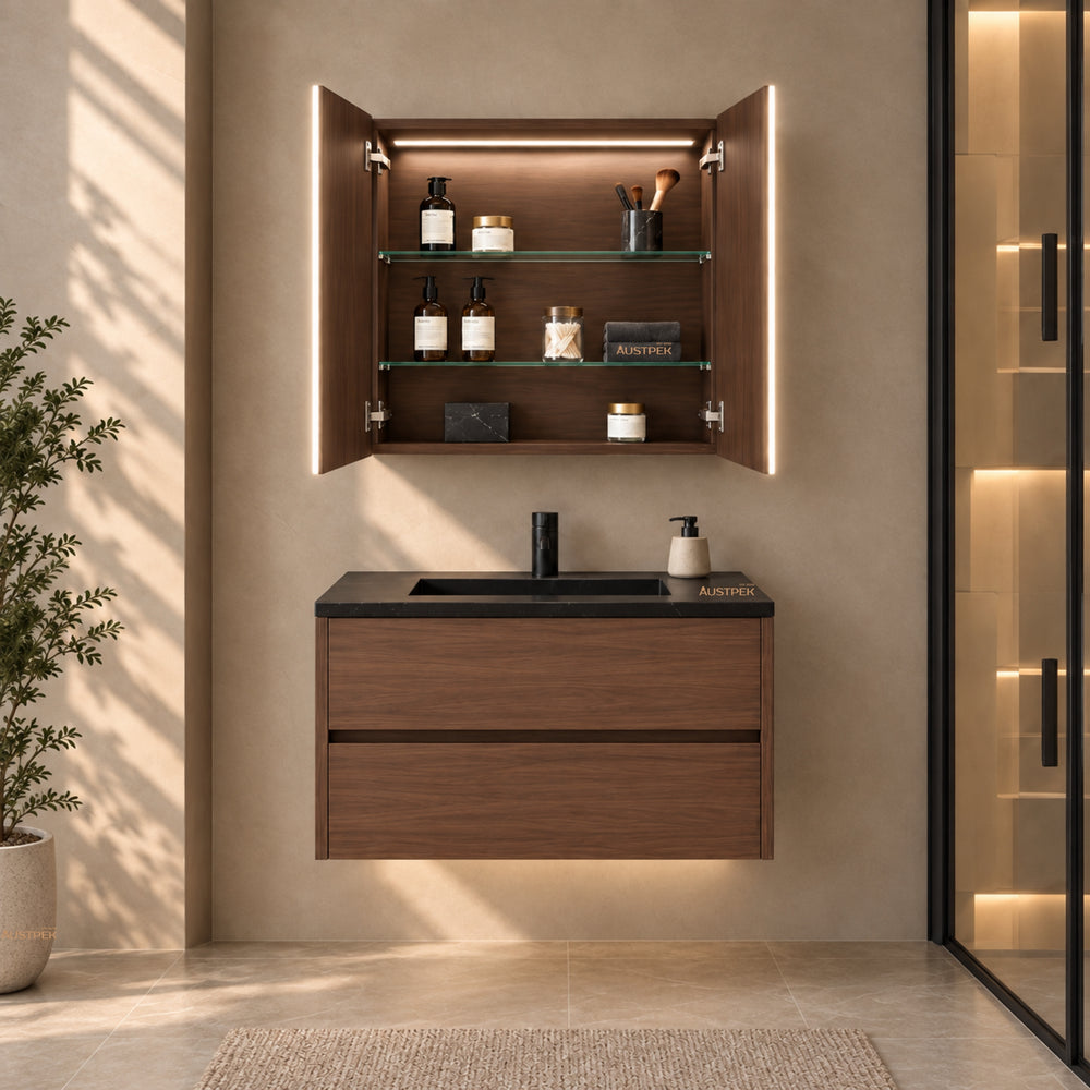 LUKKA AVOLA MOCHA OAK LED MIRROR SHAVING CABINET WITH 3 COLOUR LIGHTS 600X750MM