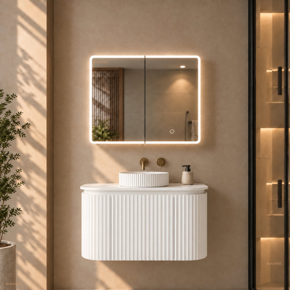LUKKA AVOLA MATTE WHITE LED MIRROR SHAVING CABINET WITH 3 COLOUR LIGHTS 600X750MM