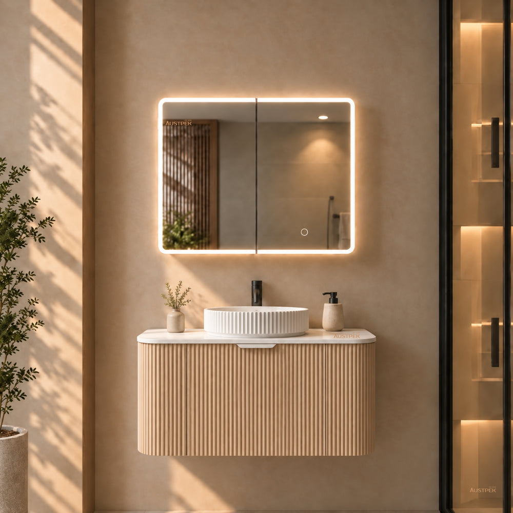 LUKKA AVOLA SANDY OAK LED MIRROR SHAVING CABINET WITH 3 COLOUR LIGHTS 600X750MM