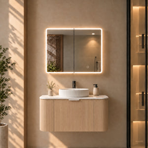 LUKKA AVOLA SANDY OAK LED MIRROR SHAVING CABINET WITH 3 COLOUR LIGHTS 600X750MM