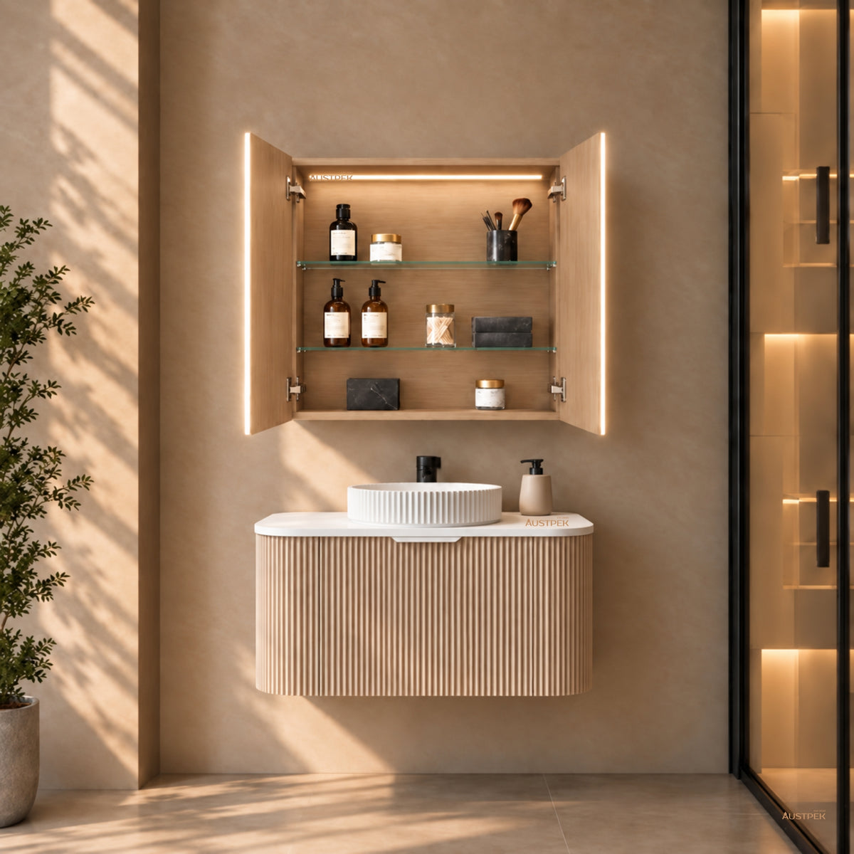 LUKKA AVOLA SANDY OAK LED MIRROR SHAVING CABINET WITH 3 COLOUR LIGHTS 600X750MM