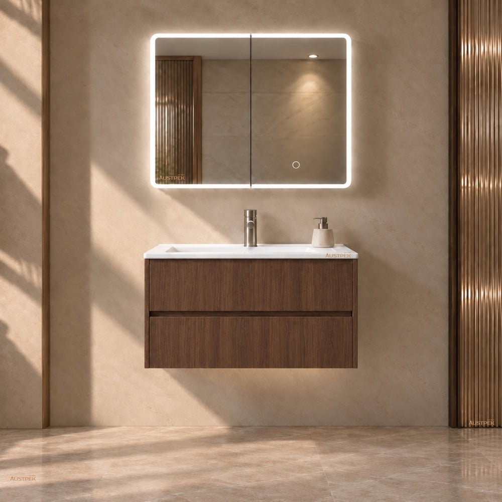 LUKKA AVOLA MOCHA OAK LED MIRROR SHAVING CABINET WITH 3 COLOUR LIGHTS 750X750MM