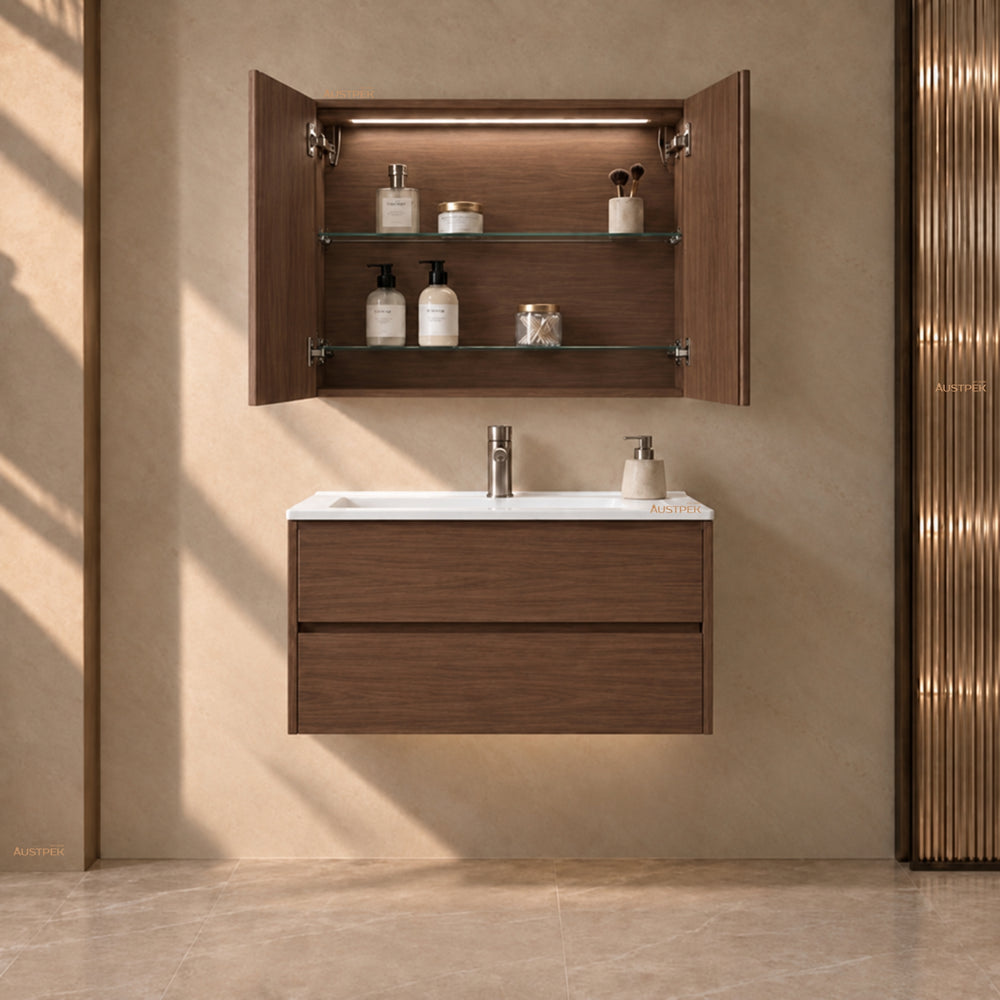 LUKKA AVOLA MOCHA OAK LED MIRROR SHAVING CABINET WITH 3 COLOUR LIGHTS 750X750MM