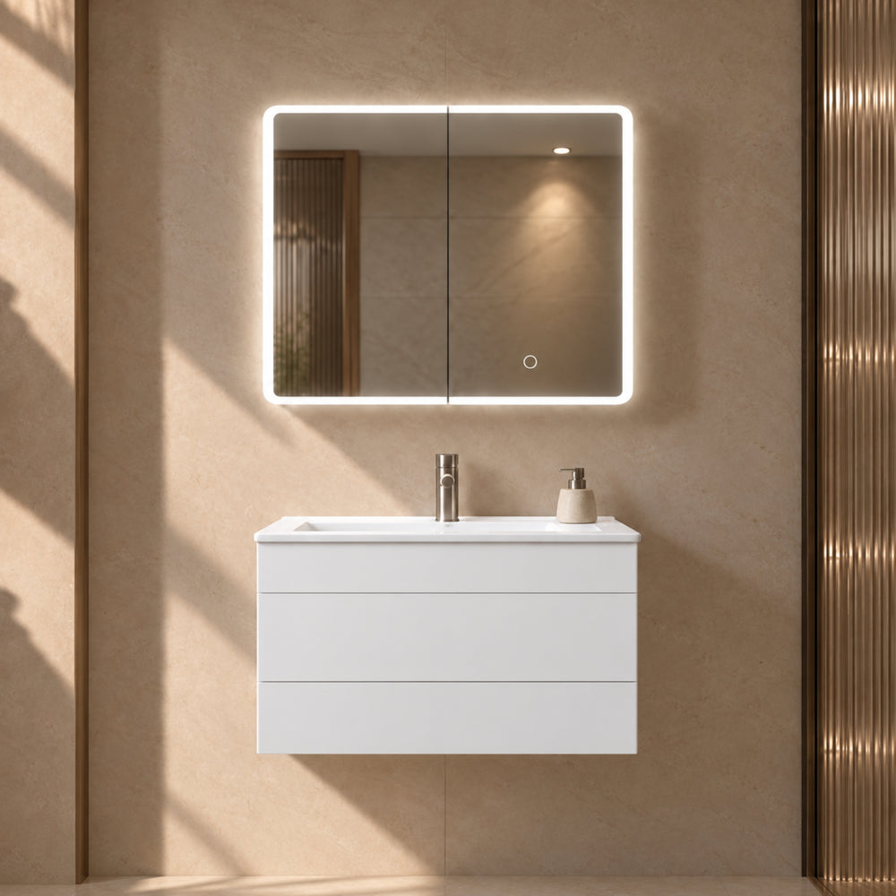 LUKKA AVOLA MATTE WHITE LED MIRROR SHAVING CABINET WITH 3 COLOUR LIGHTS 750X750MM