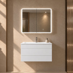 LUKKA AVOLA MATTE WHITE LED MIRROR SHAVING CABINET WITH 3 COLOUR LIGHTS 750X750MM