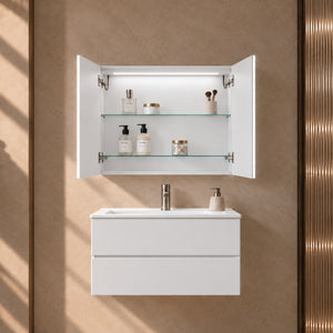 LUKKA AVOLA MATTE WHITE LED MIRROR SHAVING CABINET WITH 3 COLOUR LIGHTS 750X750MM