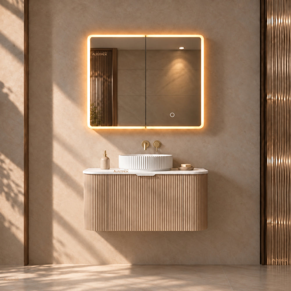 LUKKA AVOLA SANDY OAK LED MIRROR SHAVING CABINET WITH 3 COLOUR LIGHTS 750X750MM