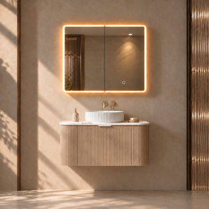 LUKKA AVOLA SANDY OAK LED MIRROR SHAVING CABINET WITH 3 COLOUR LIGHTS 750X750MM