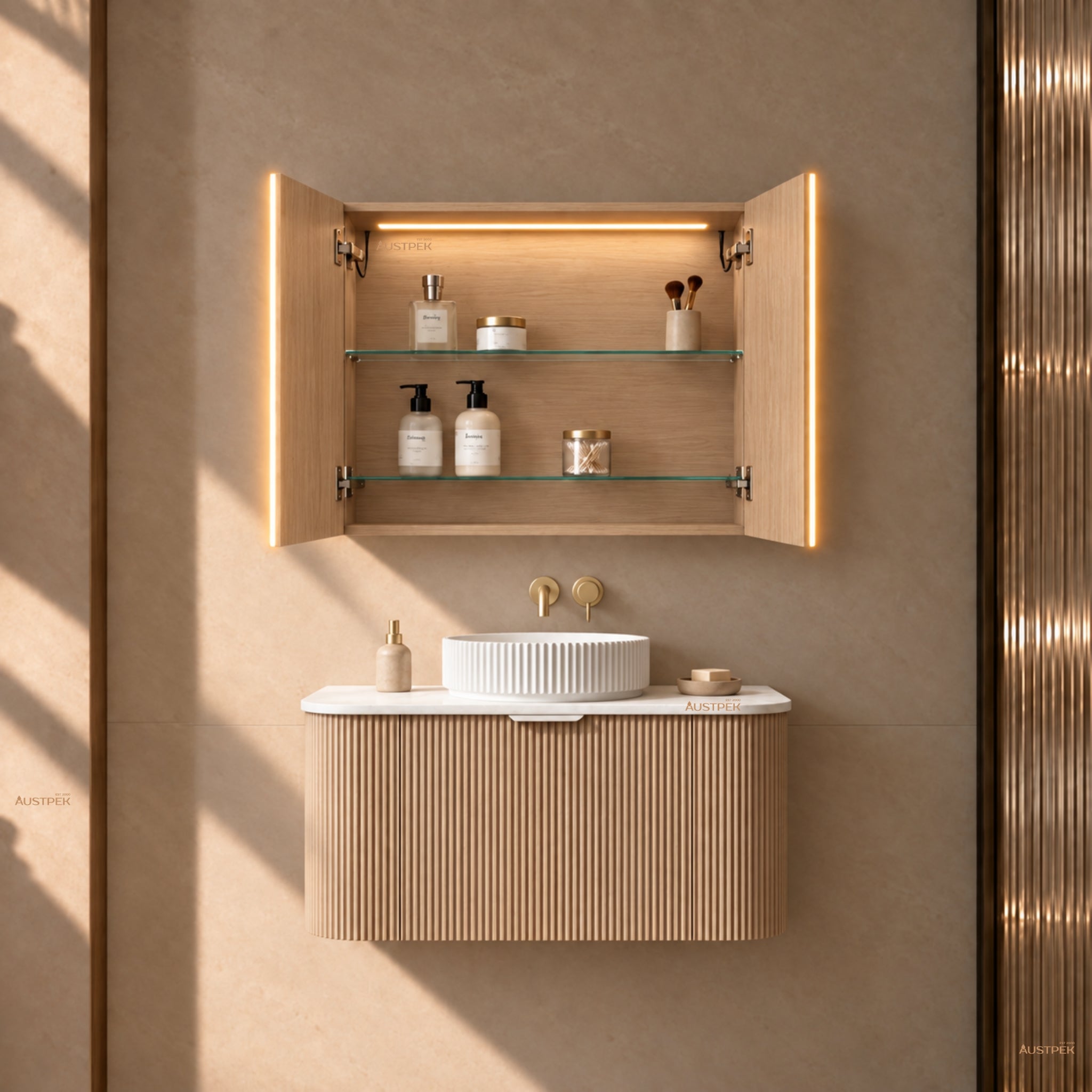 LUKKA AVOLA SANDY OAK LED MIRROR SHAVING CABINET WITH 3 COLOUR LIGHTS 750X750MM