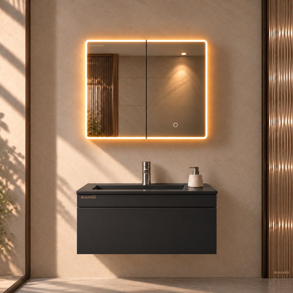 LUKKA AVOLA MATTE BLACK LED MIRROR SHAVING CABINET WITH 3 COLOUR LIGHTS 900X750MM