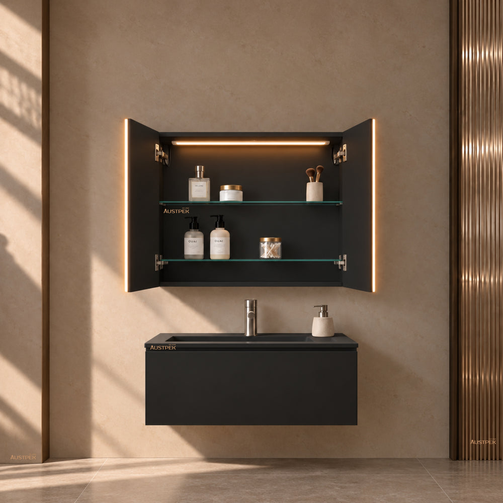 LUKKA AVOLA MATTE BLACK LED MIRROR SHAVING CABINET WITH 3 COLOUR LIGHTS 900X750MM