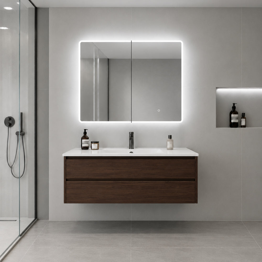 LUKKA AVOLA MOCHA OAK LED MIRROR SHAVING CABINET WITH 3 COLOUR LIGHTS 900X750MM
