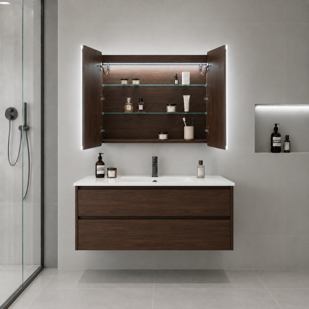 LUKKA AVOLA MOCHA OAK LED MIRROR SHAVING CABINET WITH 3 COLOUR LIGHTS 900X750MM
