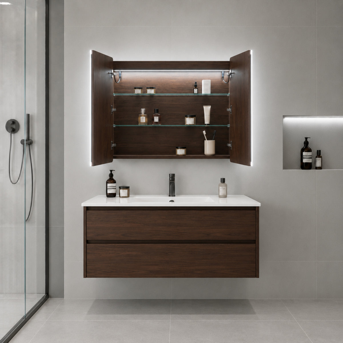 LUKKA AVOLA MOCHA OAK LED MIRROR SHAVING CABINET WITH 3 COLOUR LIGHTS 900X750MM