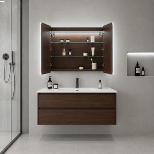 LUKKA AVOLA MOCHA OAK LED MIRROR SHAVING CABINET WITH 3 COLOUR LIGHTS 900X750MM