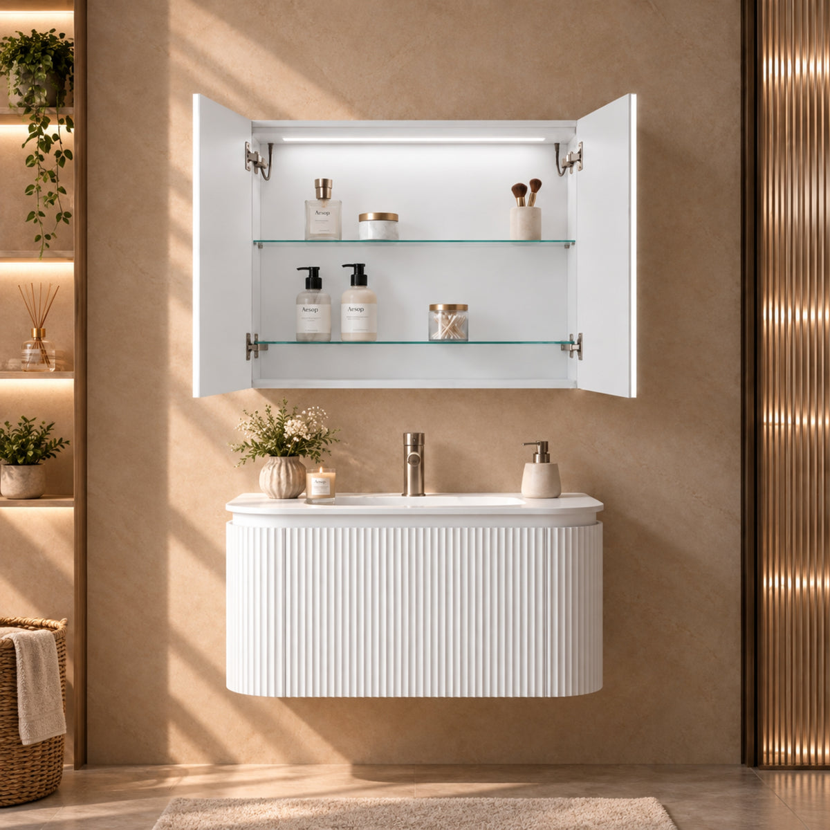 LUKKA AVOLA MATTE WHITE LED MIRROR SHAVING CABINET WITH 3 COLOUR LIGHTS 900X750MM