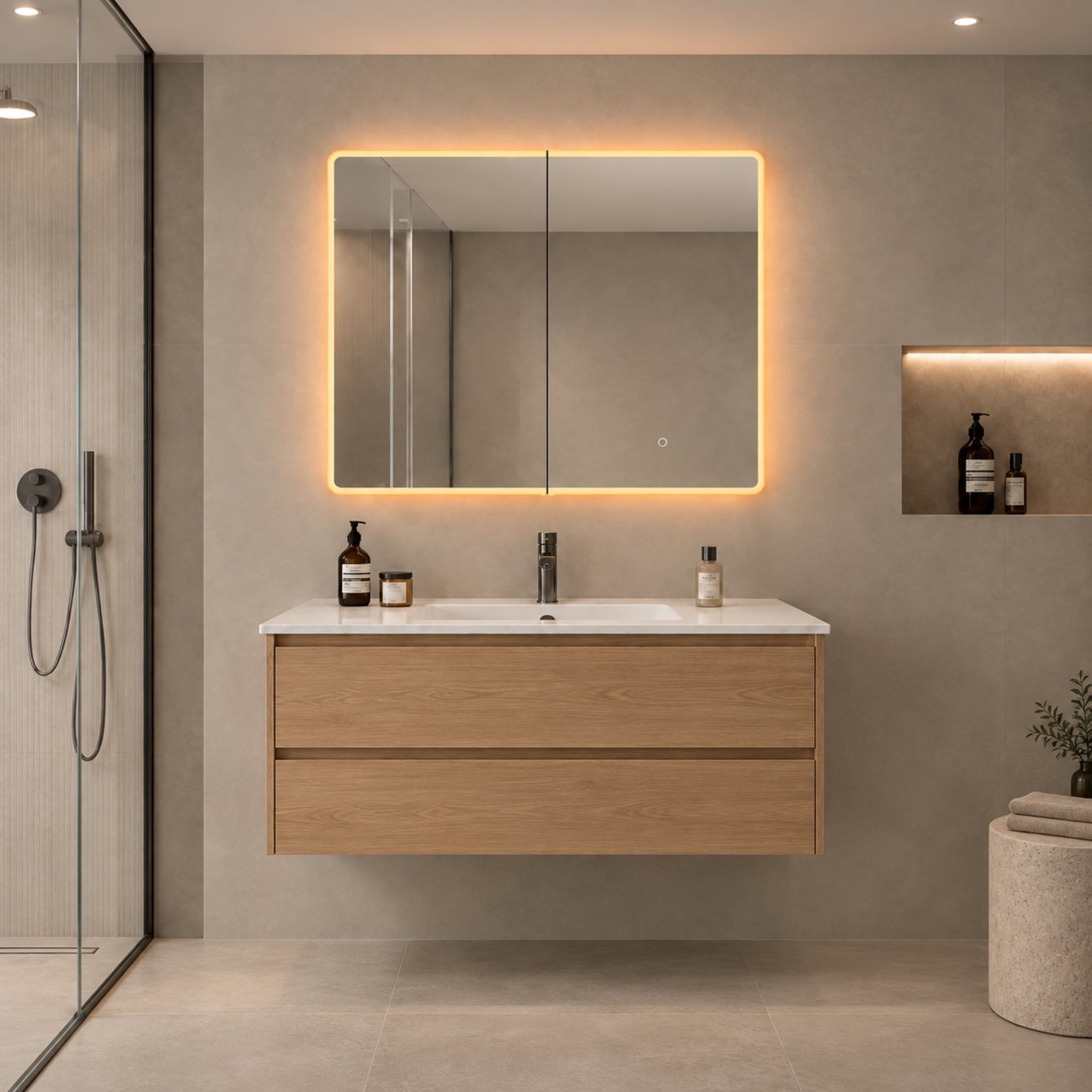 LUKKA AVOLA SANDY OAK LED MIRROR SHAVING CABINET WITH 3 COLOUR LIGHTS 900X750MM