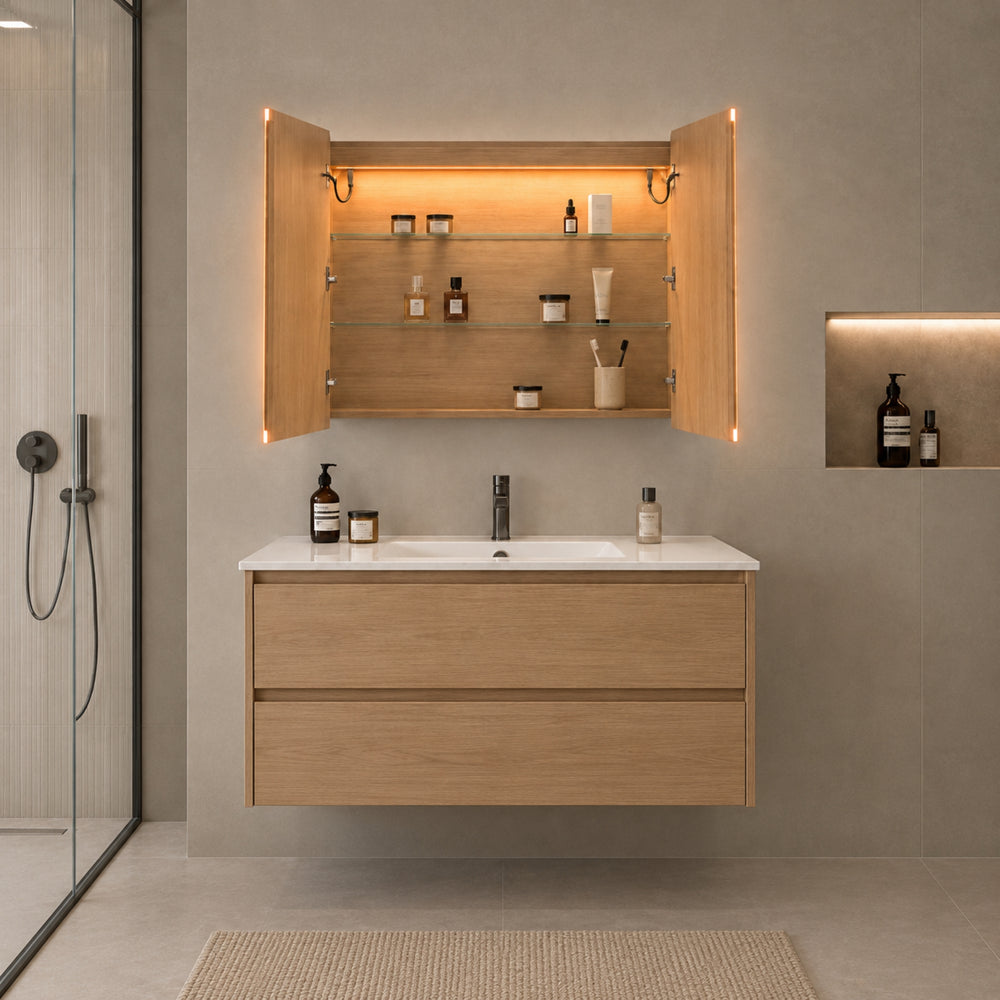 LUKKA AVOLA SANDY OAK LED MIRROR SHAVING CABINET WITH 3 COLOUR LIGHTS 900X750MM
