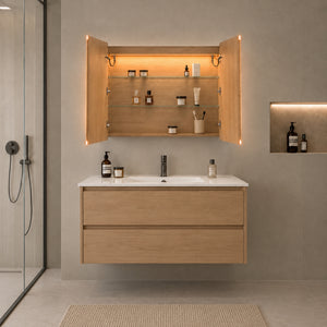 LUKKA AVOLA SANDY OAK LED MIRROR SHAVING CABINET WITH 3 COLOUR LIGHTS 900X750MM