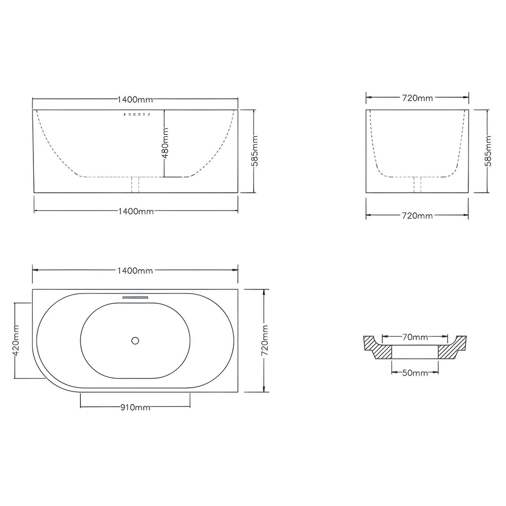LUKKA BINGIE SKIRT RIGHT CORNER BATHTUB OVERFLOW MATTE WHITE (AVAILABLE IN 1400MM, 1500MM AND 1700MM)