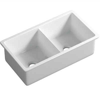 LUKKA PROCIDA INSET AND UNDERMOUNT FIRECLAY DOUBLE BOWL SINK GLOSS WHITE 813MM