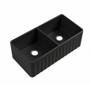 LUKKA ROCCIA FARMHOUSE BUTTLER FINE FIRECLAY DOUBLE BOWL SINK MATTE BLACK 835MM